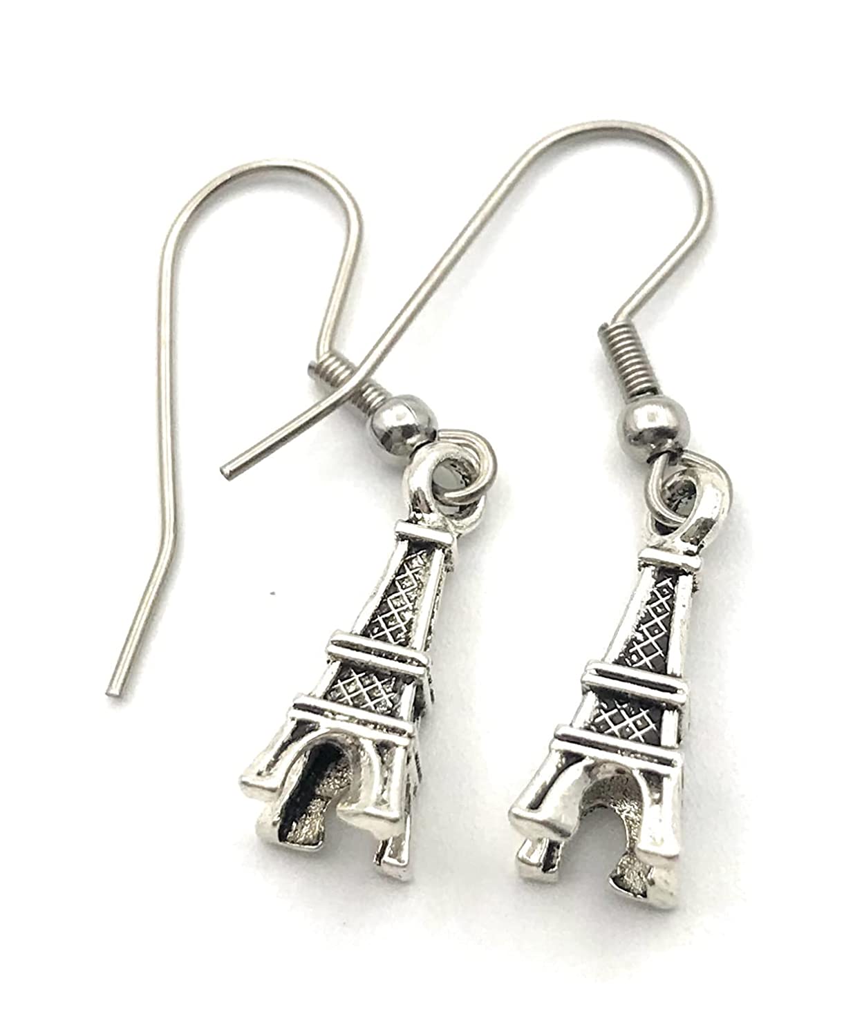 Small Antique Silver Eiffel Tower Earrings Side View from Scott D Jewelry Designs