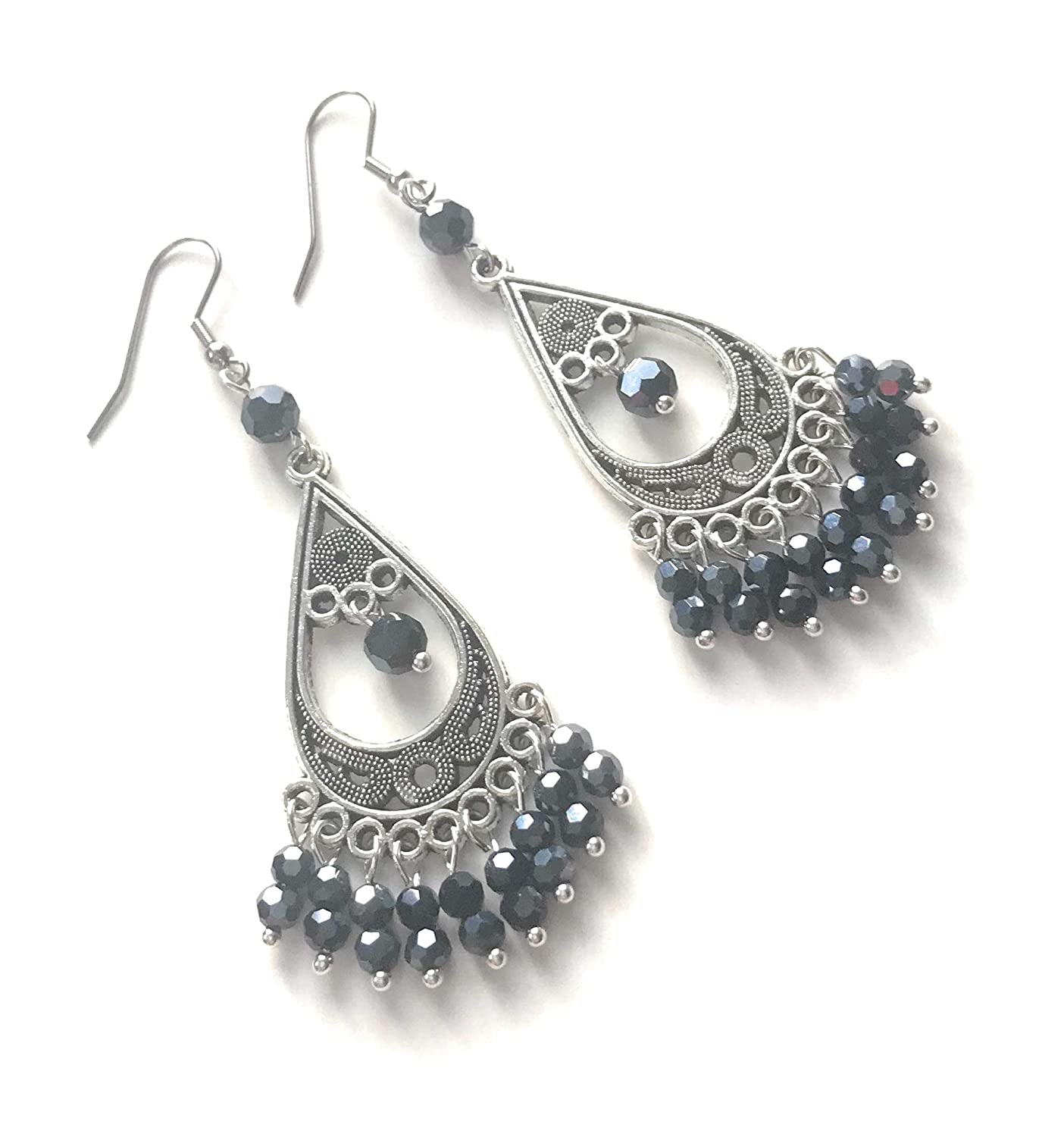 Midnight Blue Beaded Chandelier Earrings Diagonal View from Scott D Jewelry Designs