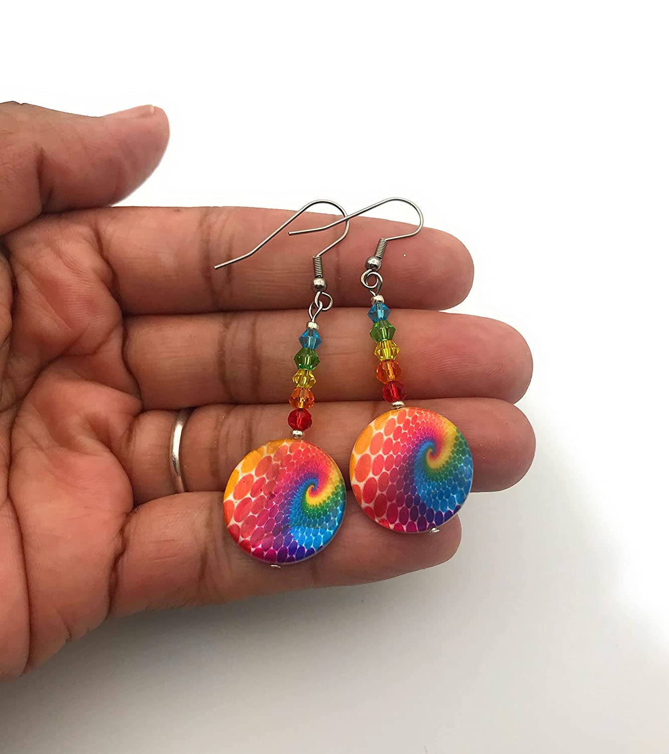 Rainbow Swirl Dangle Beaded Earrings for Women in the Palm of Hand from Scott D Jewelry Designs