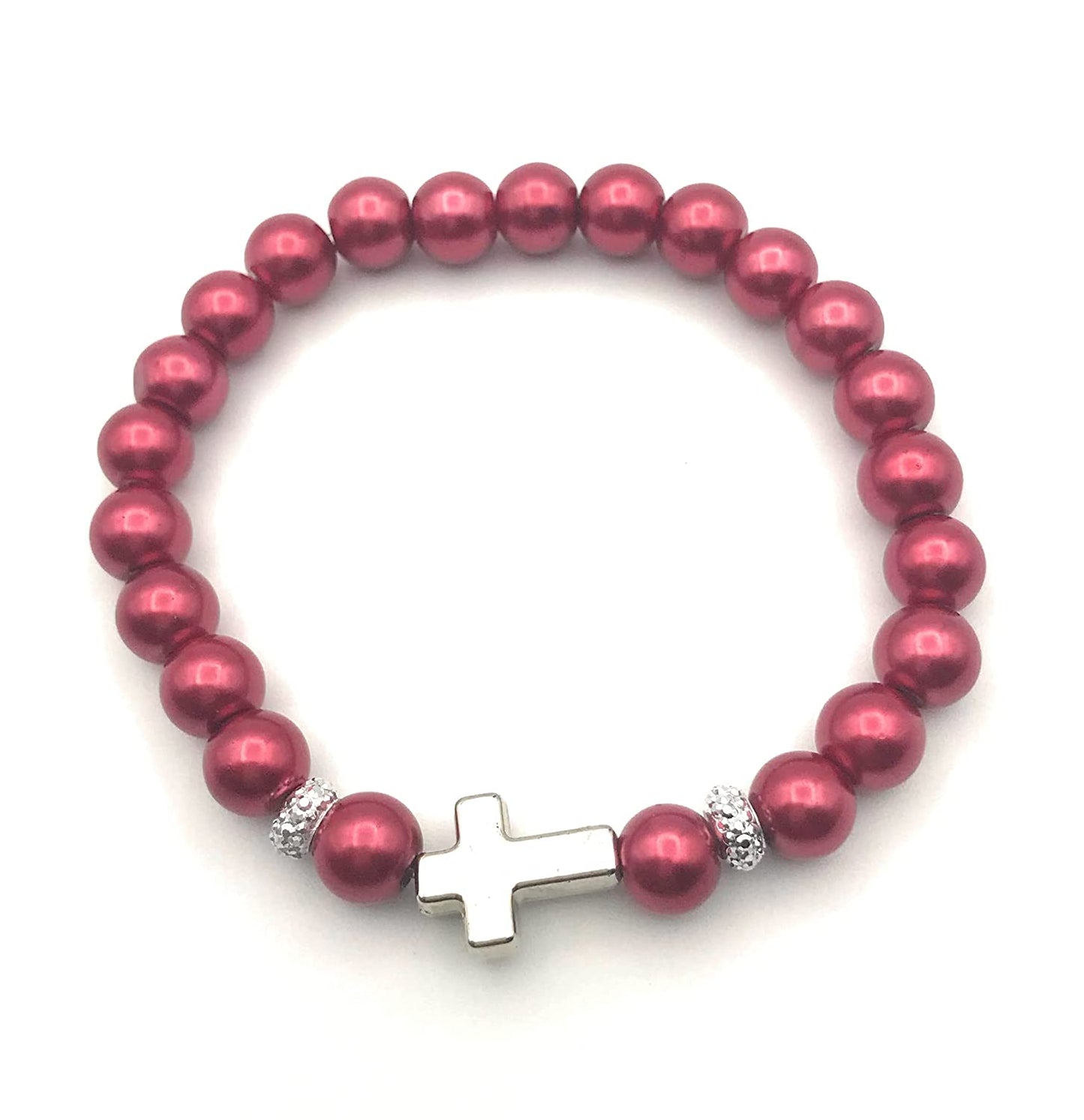 Red Faux Pearl Beaded Stretch Bracelet Cross Accent from Scott D Jewelry Designs