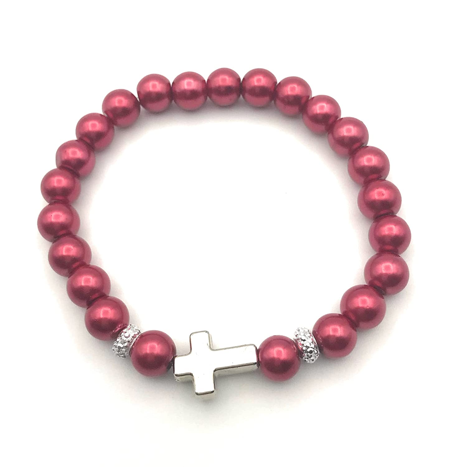 Red Faux Pearl Beaded Stretch Bracelet Cross Accent from Scott D Jewelry Designs