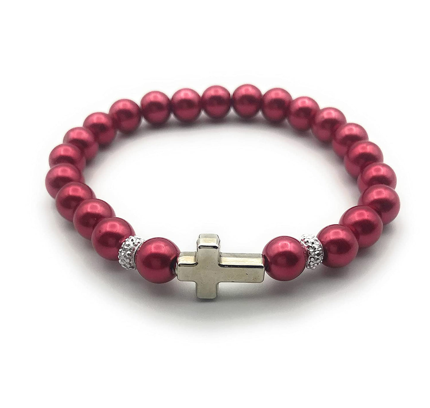 Red Faux Pearl Beaded Stretch Bracelet Cross Accent Viewed from the Front from Scott D Jewelry Designs