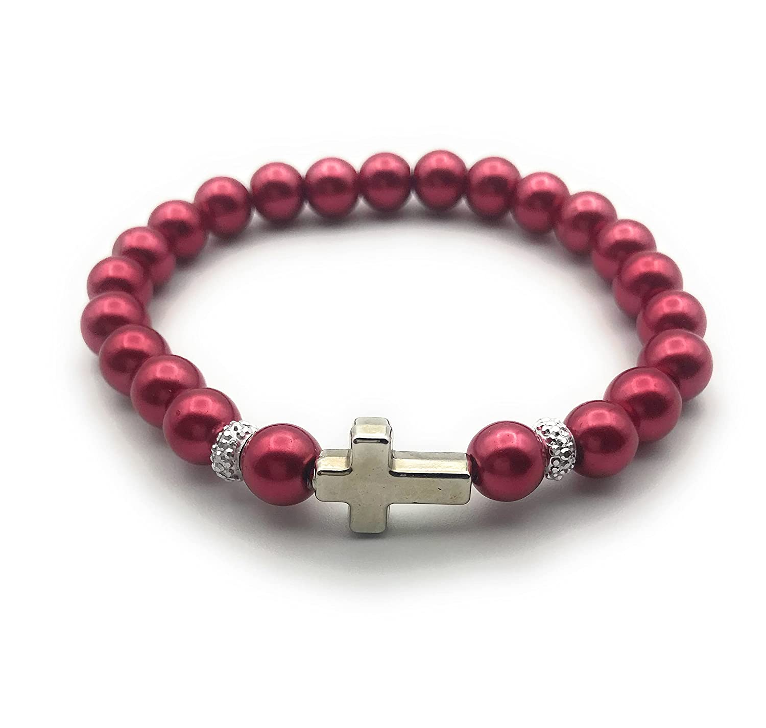 Red Faux Pearl Beaded Stretch Bracelet Cross Accent Viewed from the Front from Scott D Jewelry Designs