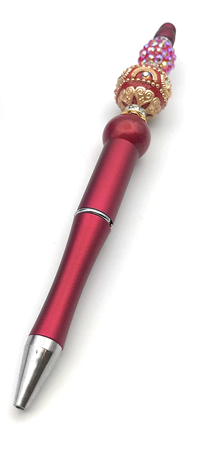Red and Gold Beaded Ink Pen Diagonal View from Scott D Jewelry Designs