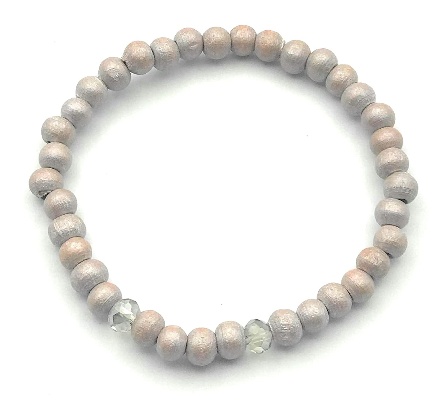 Set of 4 Beaded Stretch Bracelets in Pink Grey and White with Silver Accent
