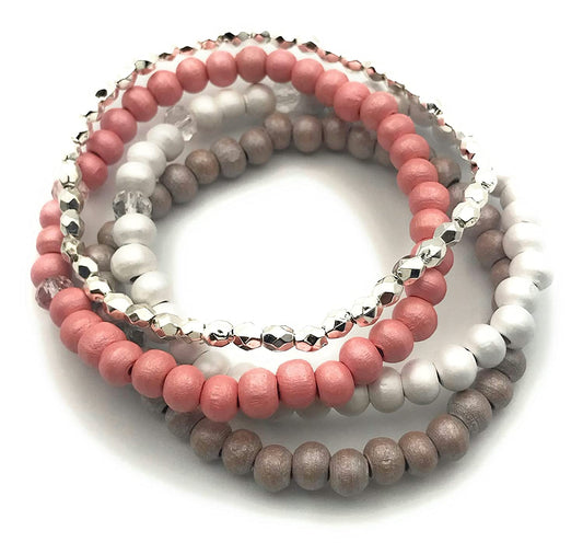 Set of 4 Beaded Stretch Bracelets in Pink Grey and White with Silver Accent