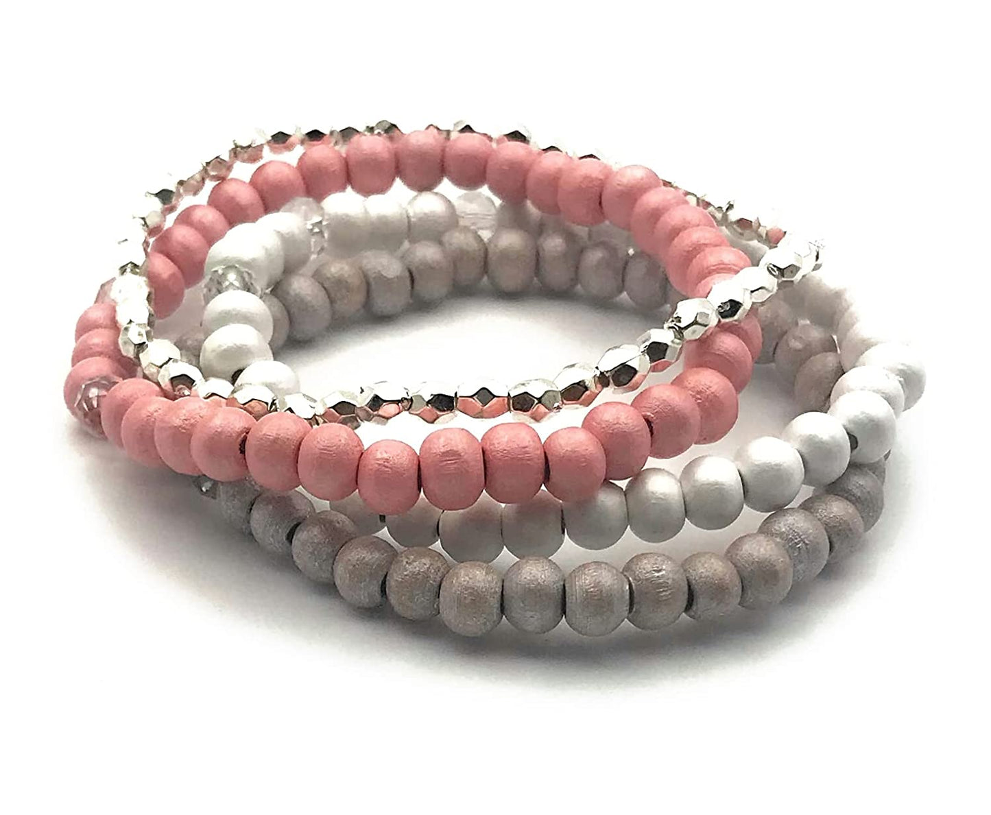 Set of 4 Beaded Stretch Bracelets in Pink Grey and White with Silver Accent