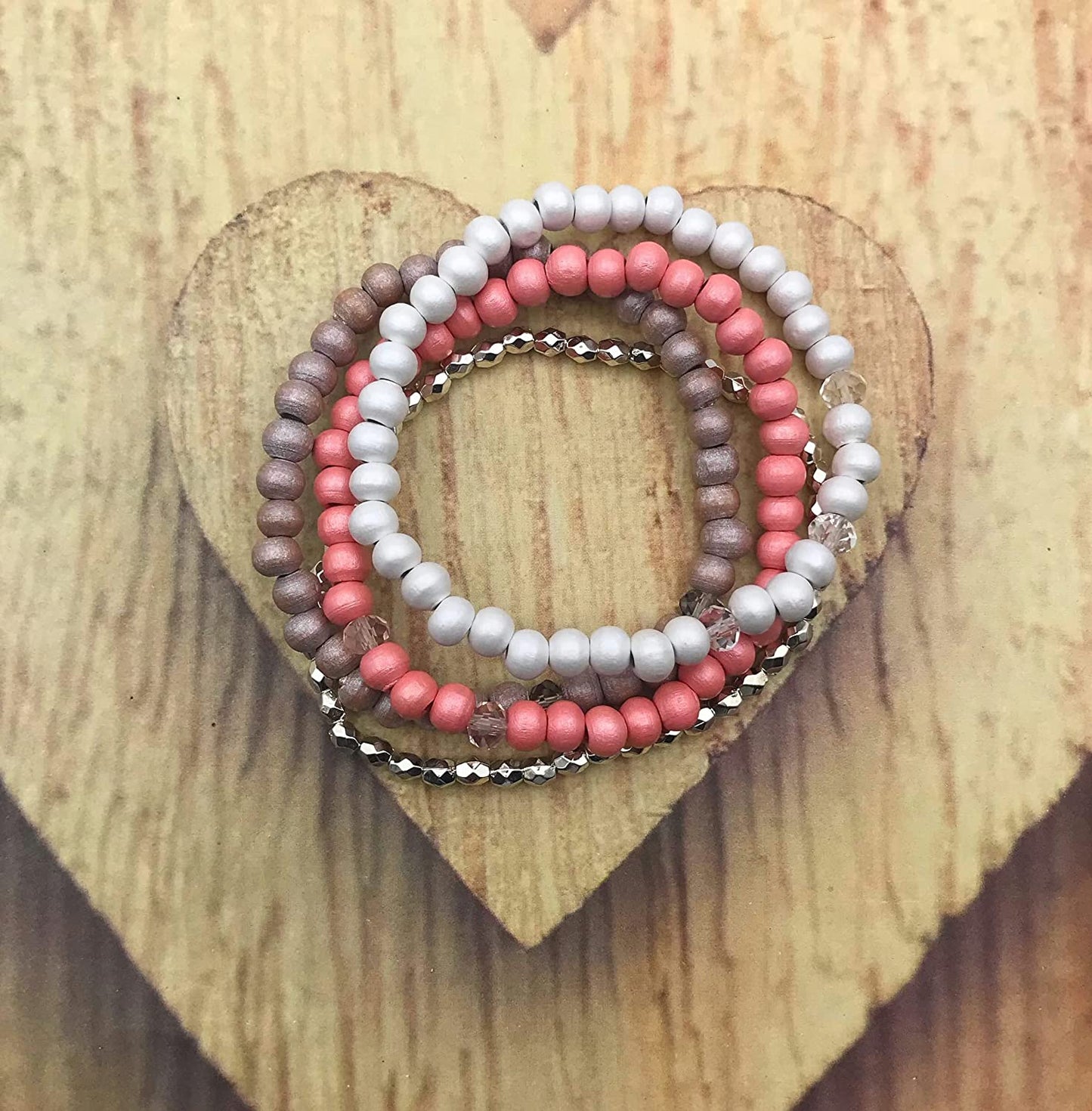 Set of 4 Beaded Stretch Bracelets in Pink Grey and White with Silver Accent