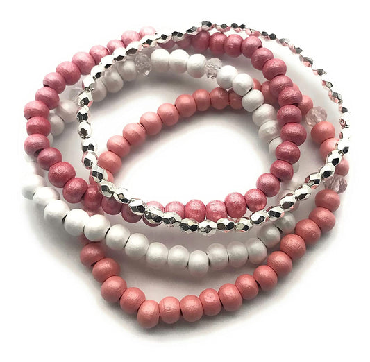 Pink and Silver Set of 4 Wooden Beaded Stretch Bracelets from Scott D Jewelry Designs