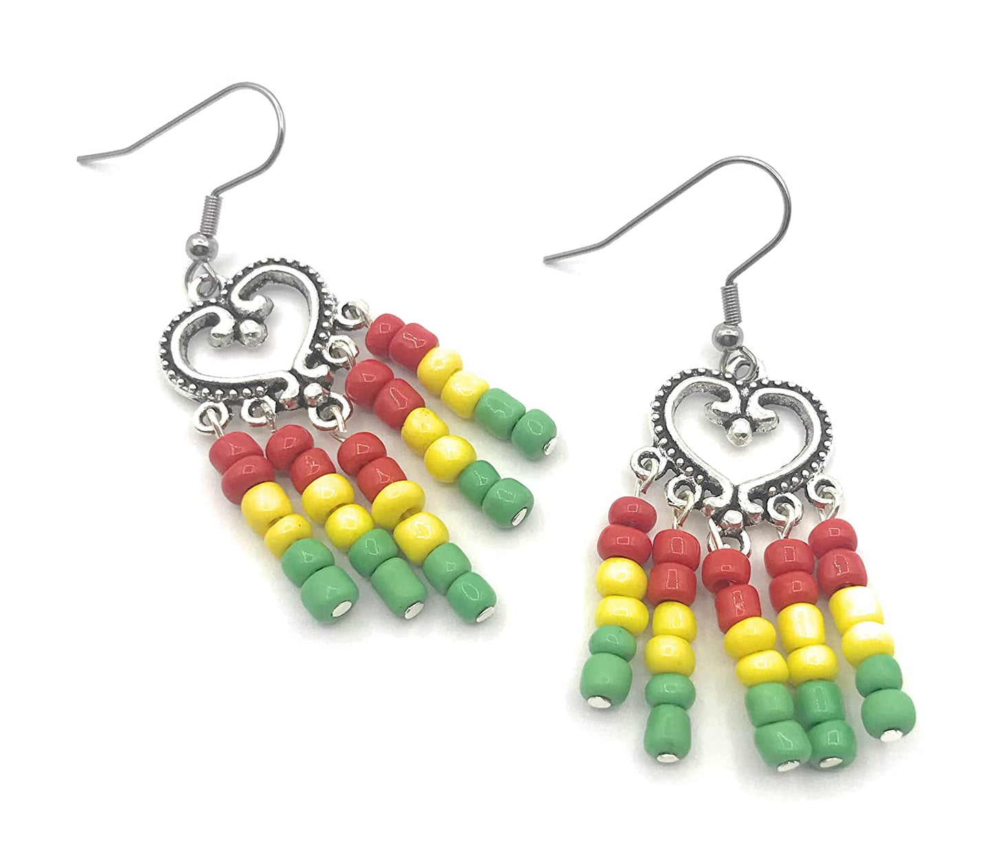 Rasta earrings in red yellow and green side by side from Scott D Jewelry Designs