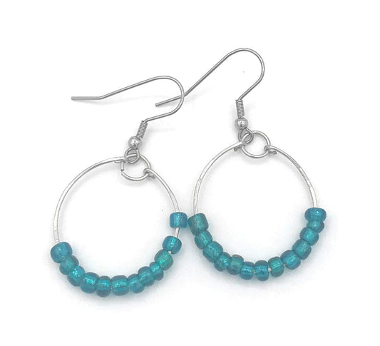 Teal Blue Beaded Hoop Earrings