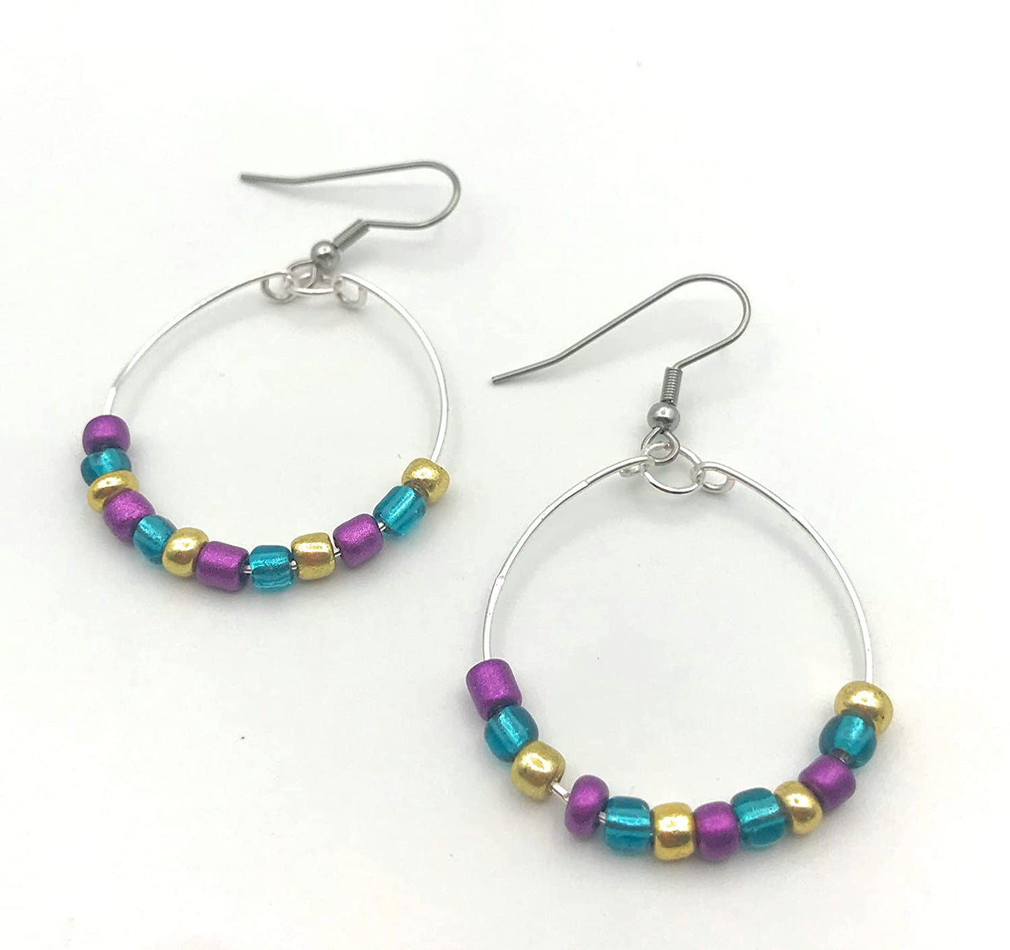 Mardi Gras Beaded Hoop Earrings side by side view from Scott D Jewelry Designs