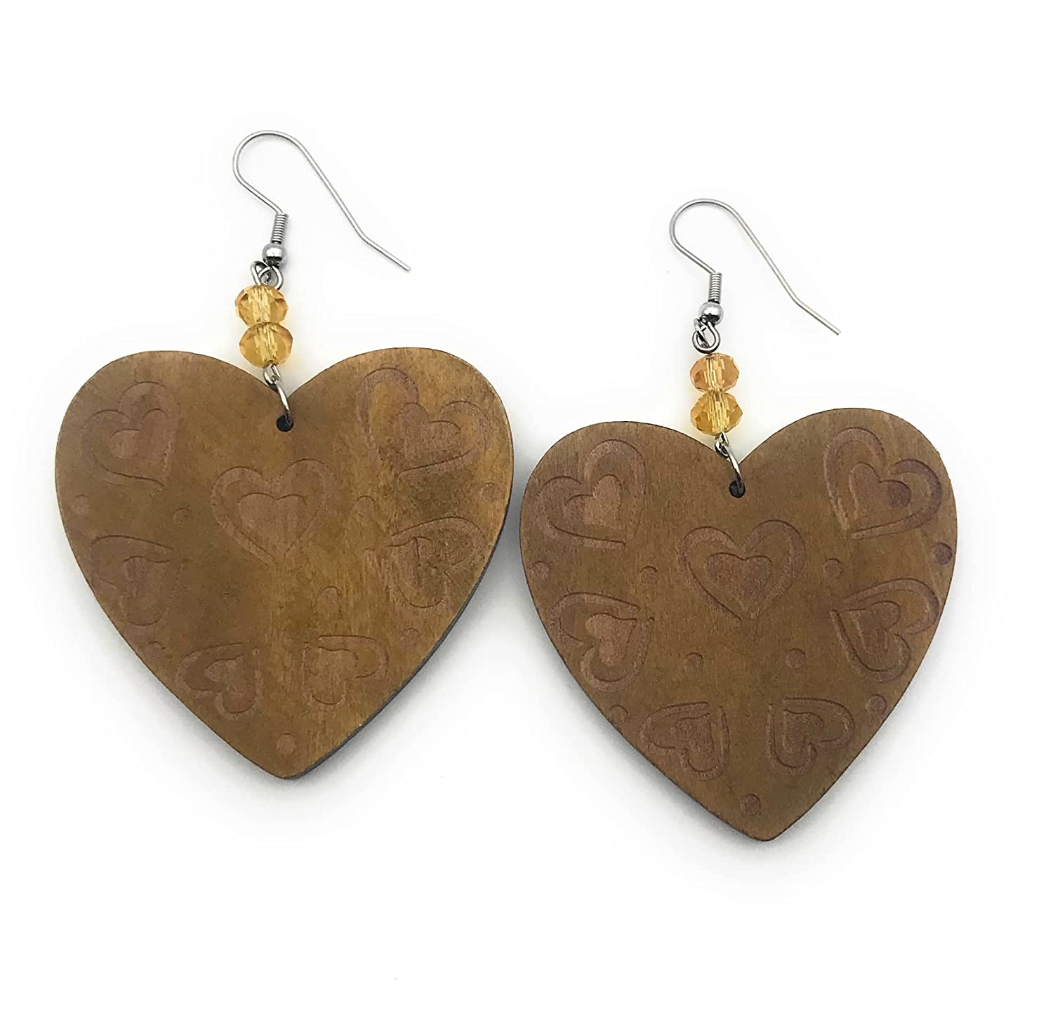 Wood Heart Swirl Pattern Earrings Side by Side from Scott D Jewelry Designs