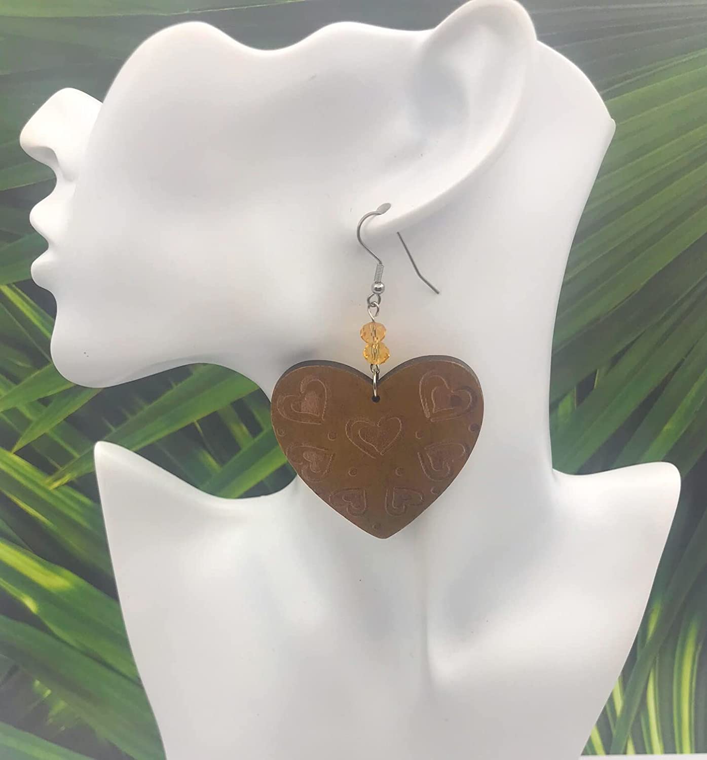 Wood Heart Swirl Pattern Earrings On a Mannequin from Scott D Jewelry Designs