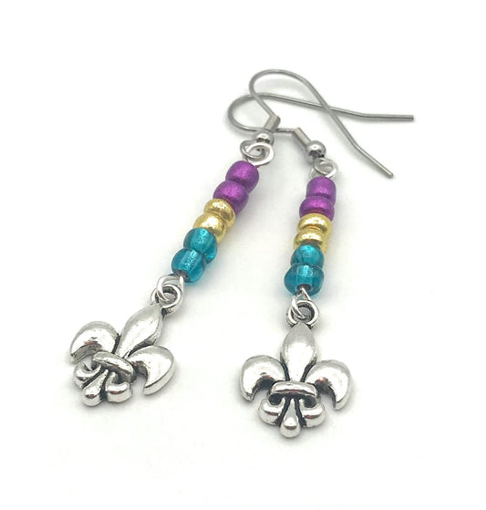 Mardi Gras Fleur De Lis Beaded Dangle Earrings from Scott D Jewelry Designs