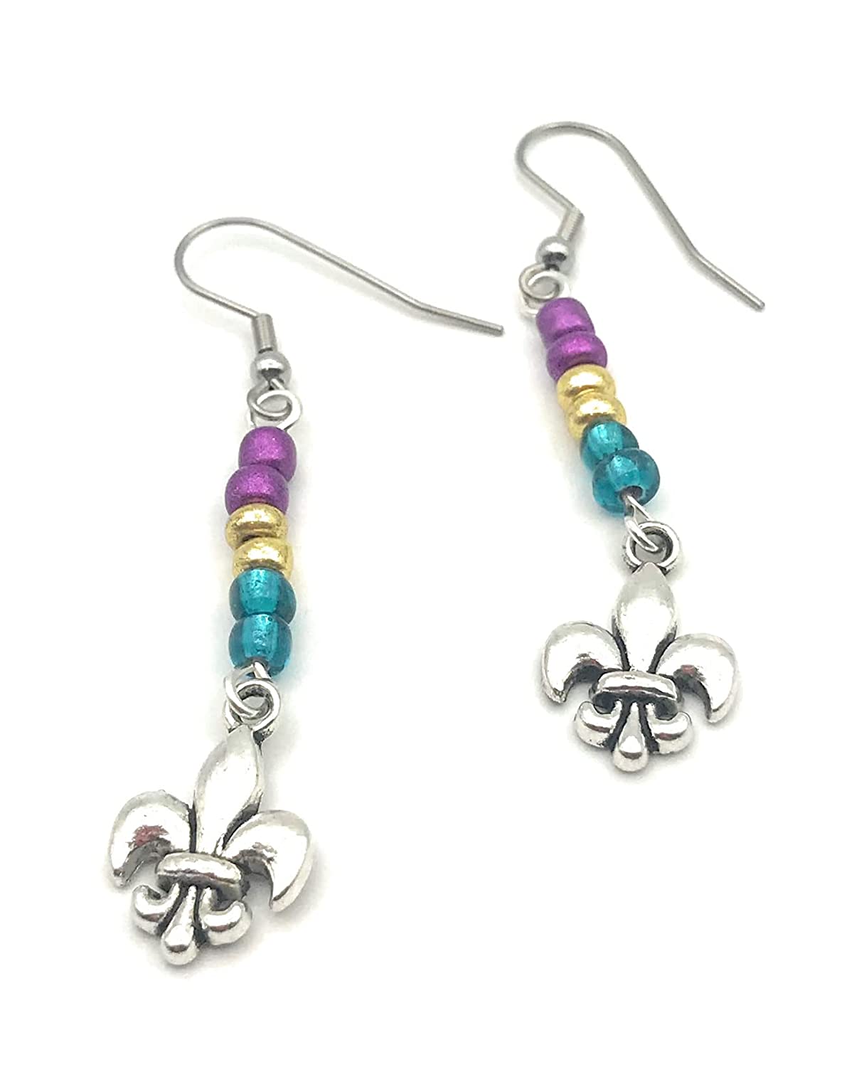 Mardi Gras Fleur De Lis Beaded Dangle Earrings Side by side from Scott D Jewelry Designs