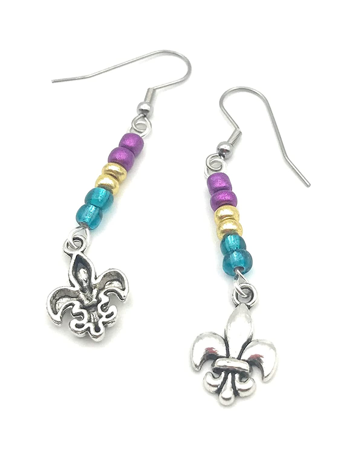 Mardi Gras Fleur De Lis Beaded Dangle Earrings front and back view from Scott D Jewelry Designs