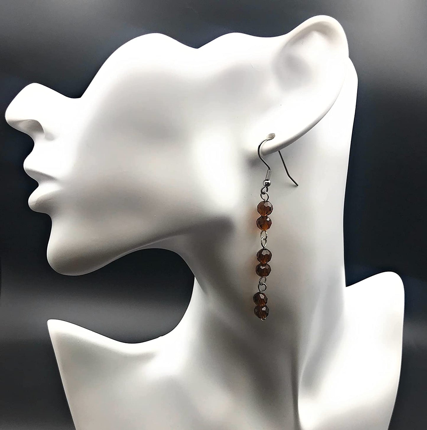 Brown Beaded Link Dangle Earrings on Mannequin by Scott D Jewelry Designs