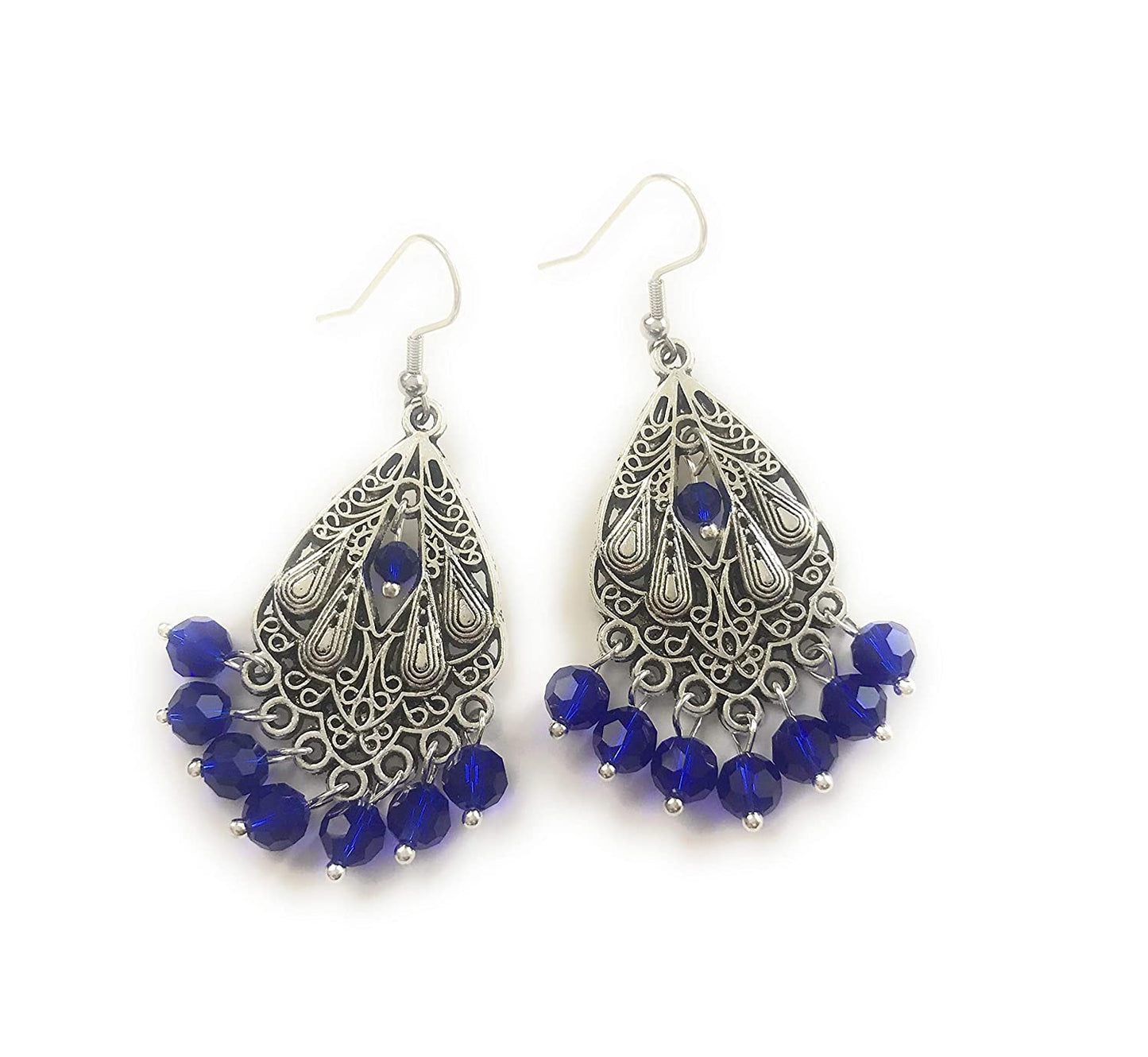 Cobalt Blue Beaded Chandelier Earrings Side by Side View from Scott D Jewelry Designs