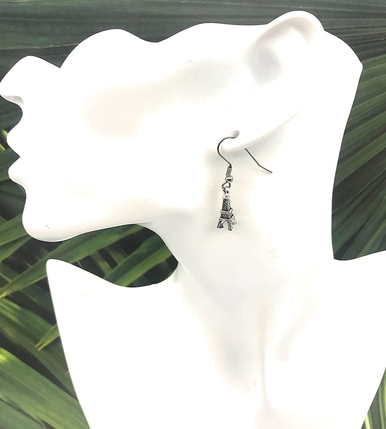 Small Antique Silver Eiffel Tower Earrings Displayed on Mannequin from Scott D Jewelry Designs