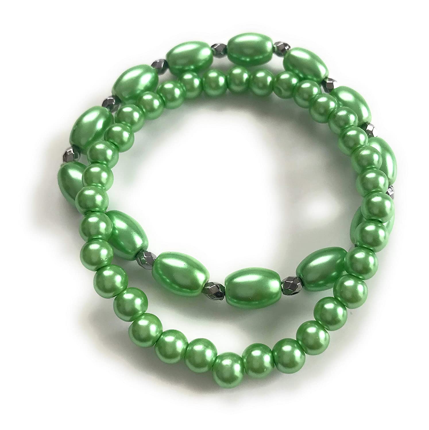Set of 2 Green Faux Pearl Beaded Stretch Bracelet Top View from Scott D Jewelry Designs