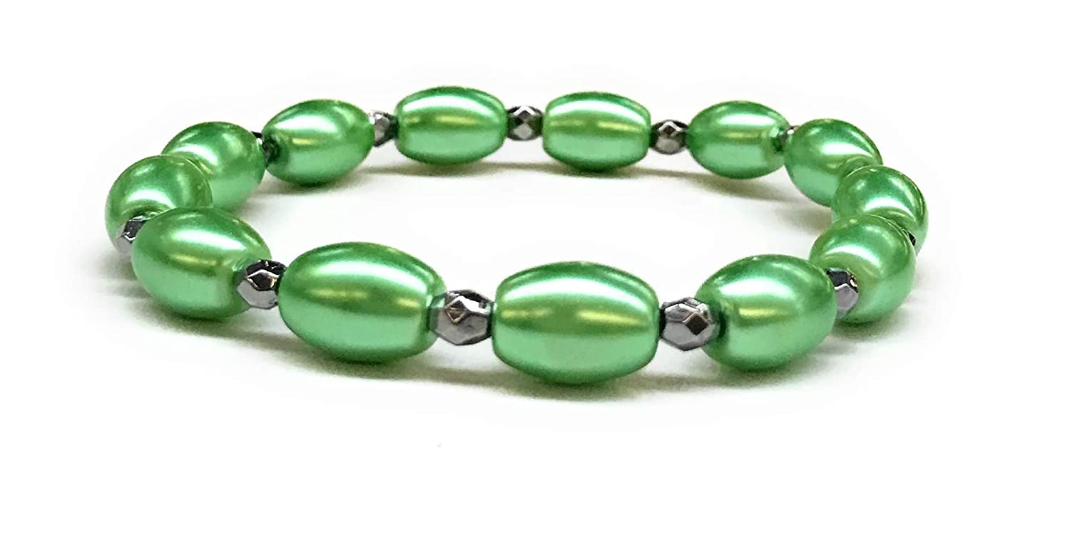Set of 2 Green Faux Pearl Beaded Stretch Bracelets Showing One Bracelet with Silver Accent from Scott D Jewelry Designs