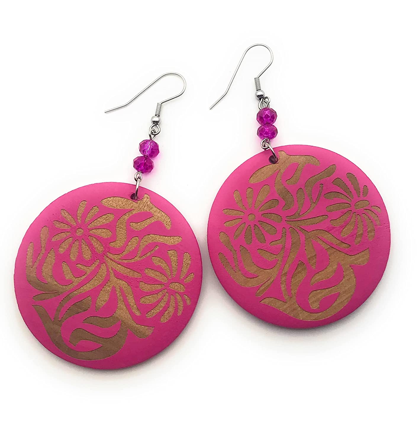 Hot Pink Wooden Dangle Earrings with Beaded Accents from Scott D Jewelry Designs