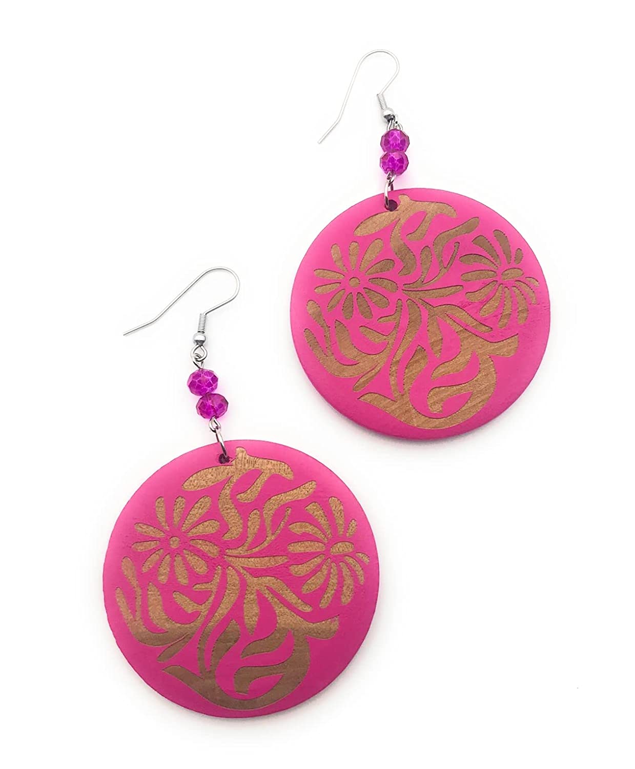 Hot Pink Wooden Dangle Earrings with Beaded Accents Side by Side View from Scott D Jewelry Designs