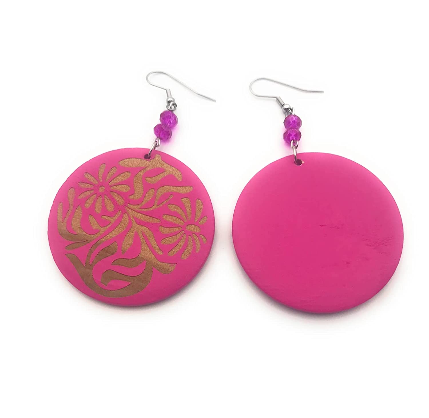 Hot Pink Wooden Dangle Earrings with Beaded Accents Front and Back from Scott D Jewelry Designs