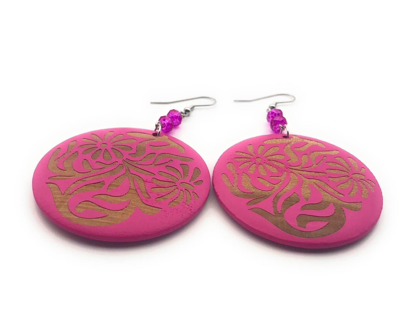 Hot Pink Wooden Dangle Earrings with Beaded Accents Bottom View from Scott D Jewelry Designs