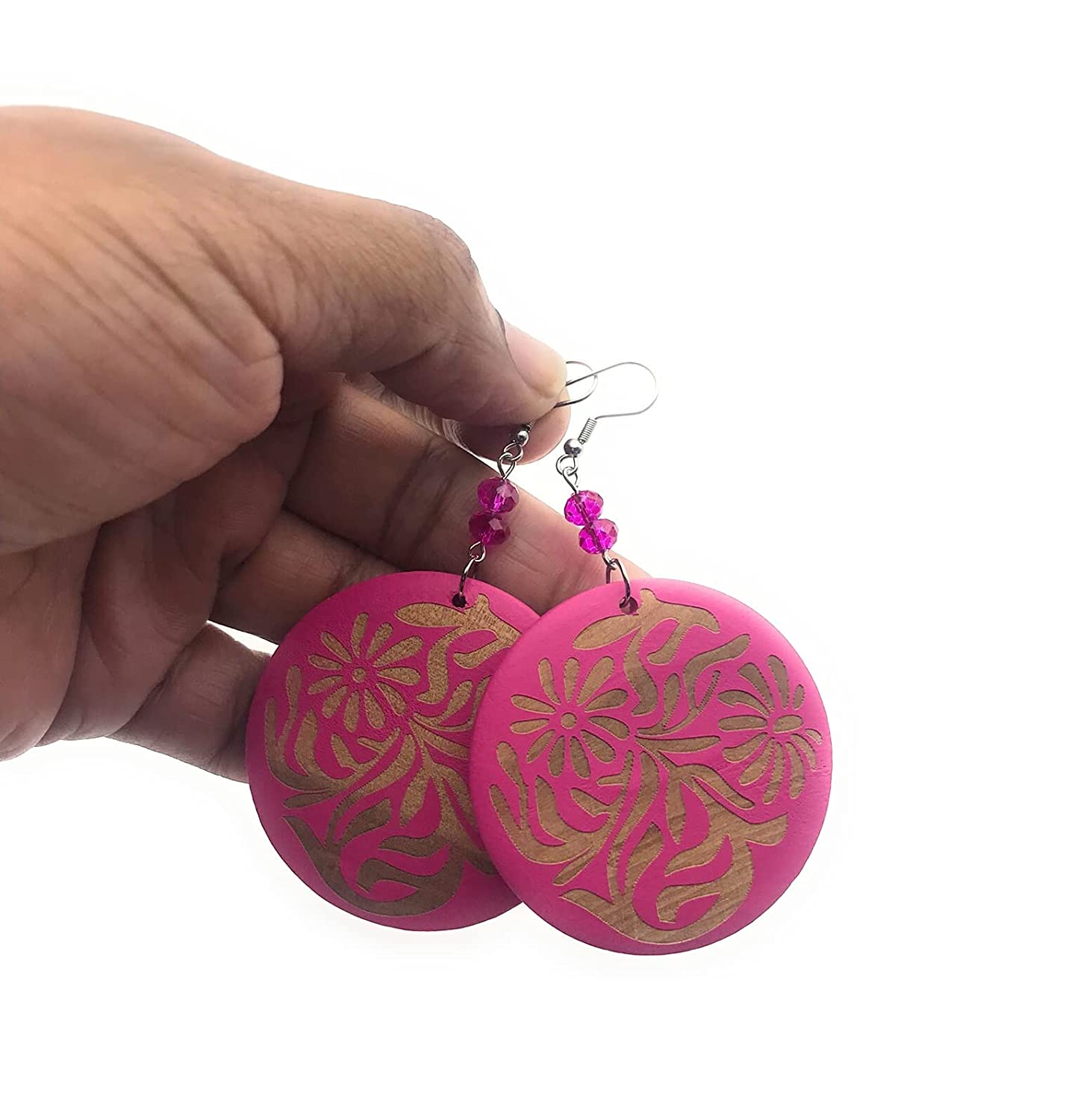 Hot Pink Wooden Dangle Earrings with Beaded Accents Dangling from Fingertips from Scott D Jewelry Designs