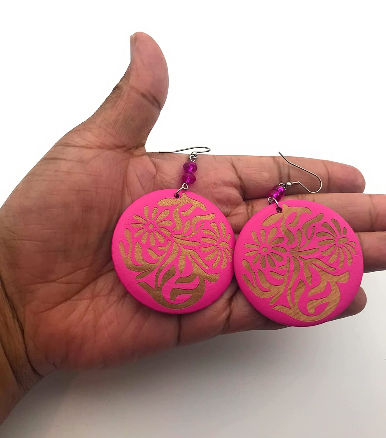 Hot Pink Wooden Dangle Earrings with Beaded Accents Displayed in Palm of Hand from Scott D Jewelry Designs