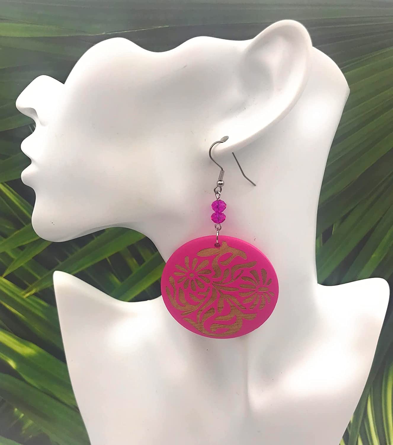 Hot Pink Wooden Dangle Earrings with Beaded Accents on Mannequin from Scott D Jewelry Designs