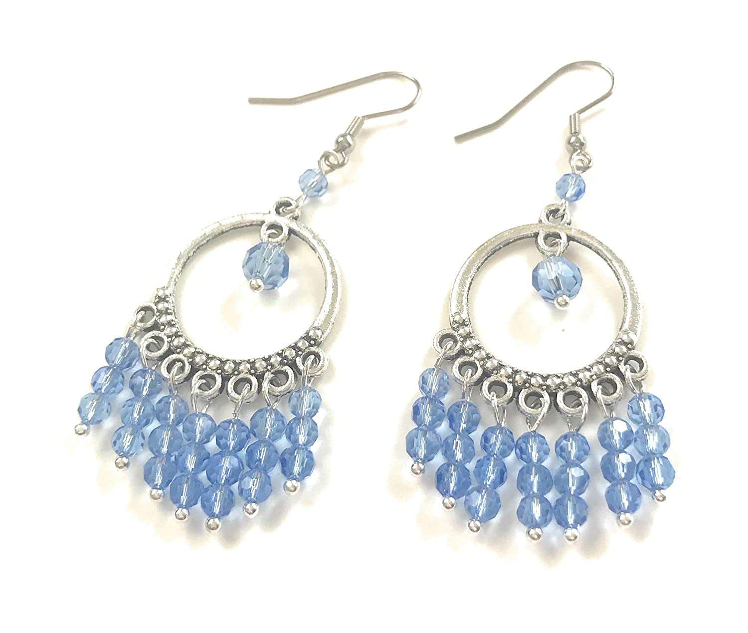 Sky Blue Beaded Chandelier Earrings Side by Side View from Scott D Jewelry Designs