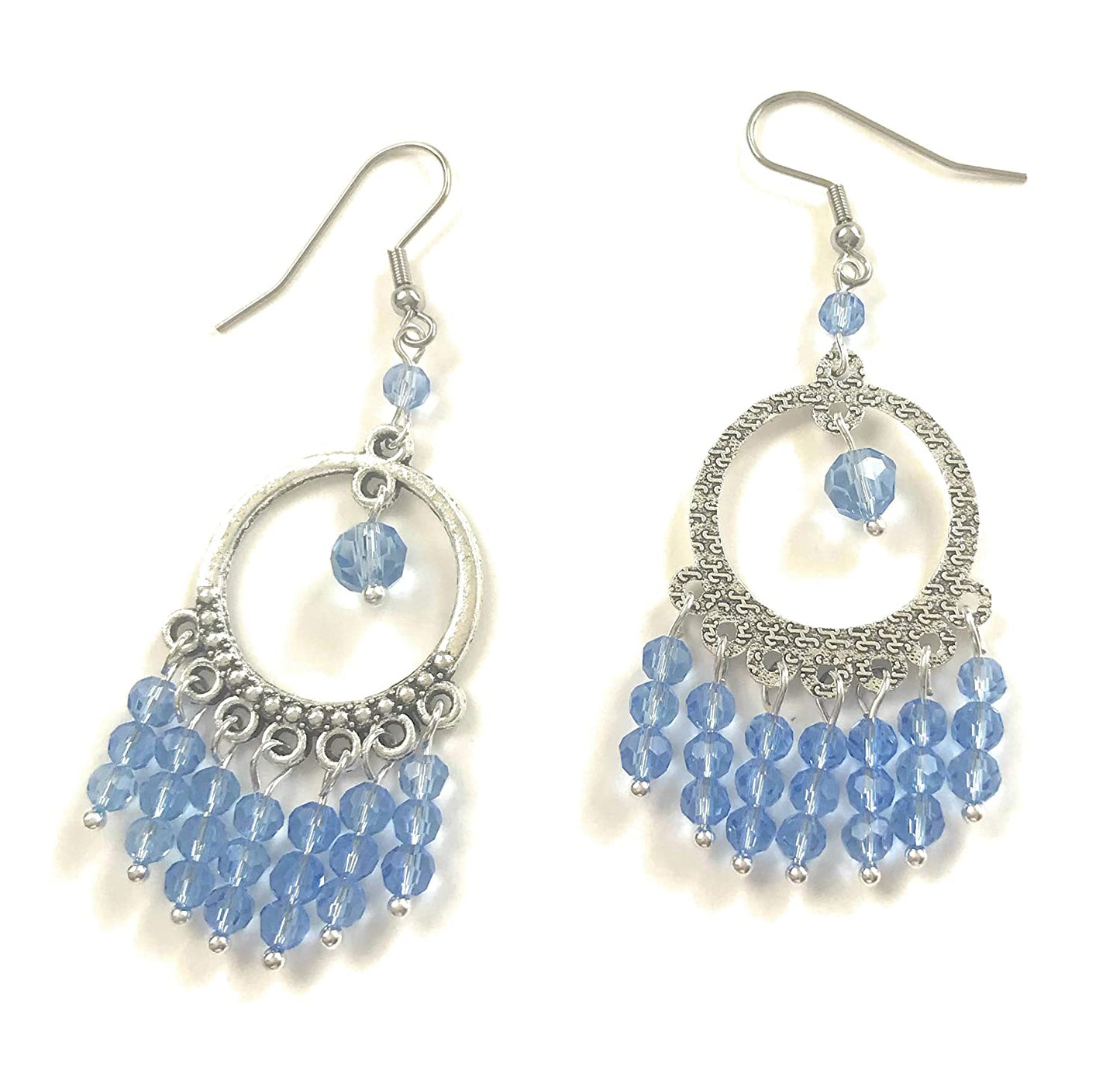 Sky Blue Beaded Chandelier Earrings Front and Back View from Scott D Jewelry Designs