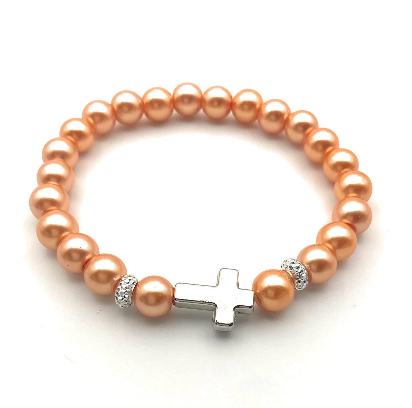 Orange Faux Pearl Beaded Stretch Bracelet with Silver Side Cross Accent