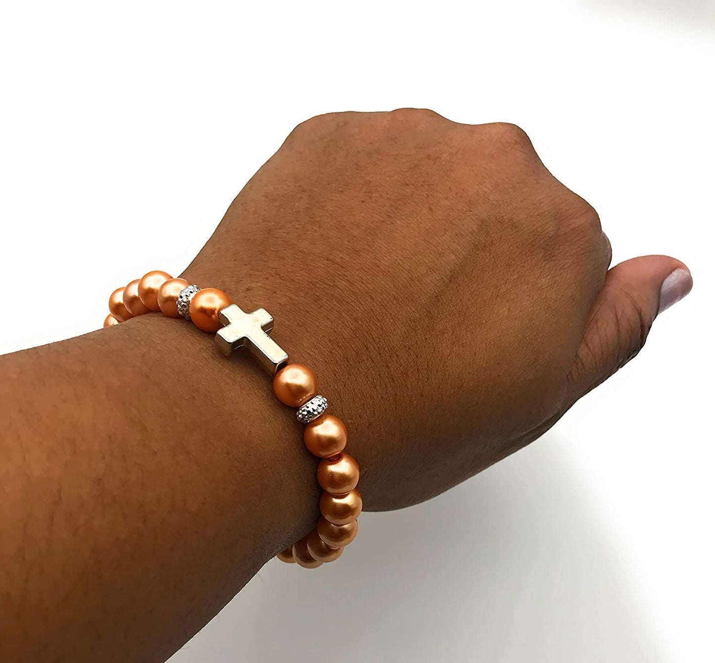 Silver Cross Bracelet with Vibrant Orange Beads