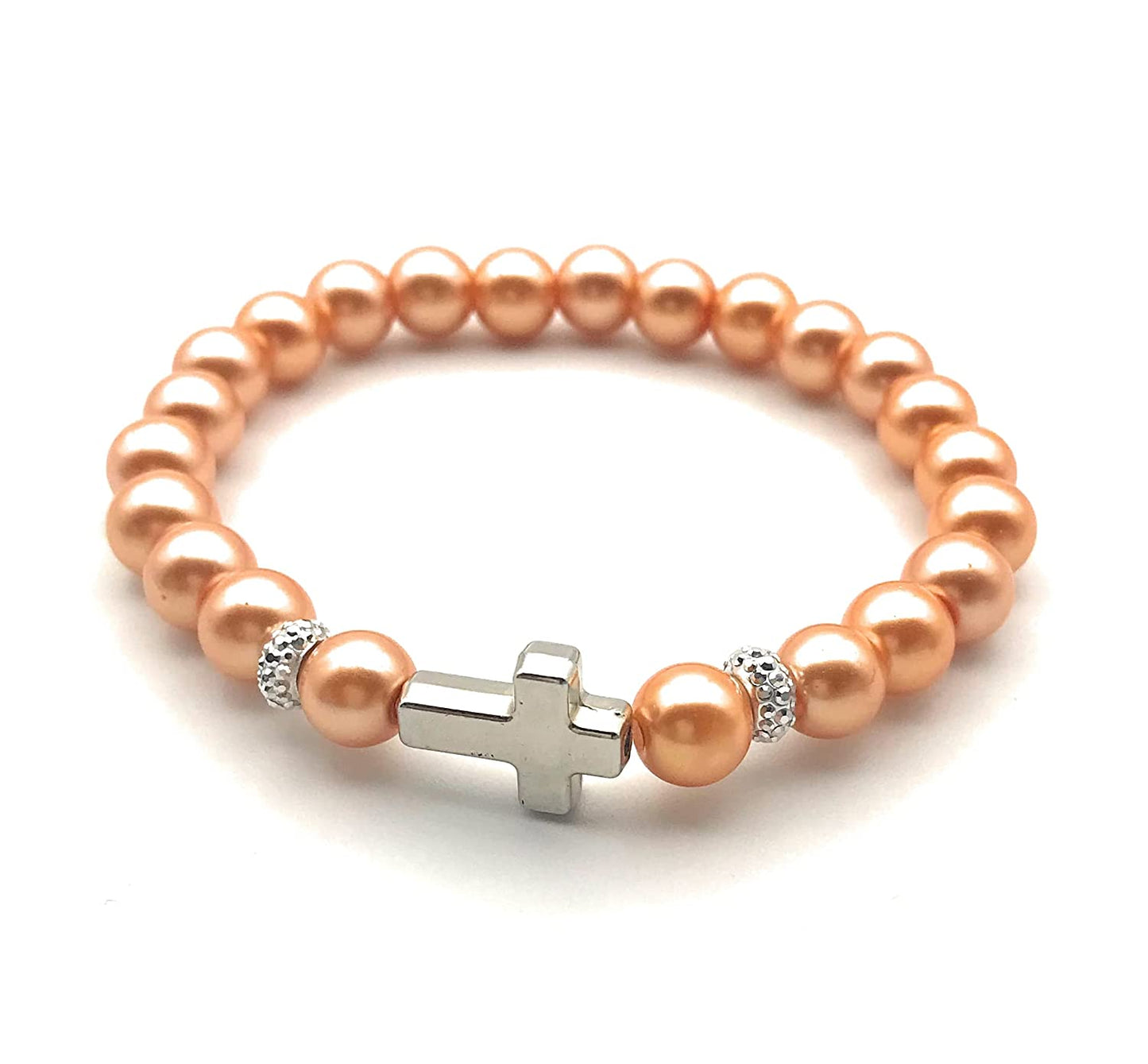 Silver Cross Bracelet with Vibrant Orange Beads