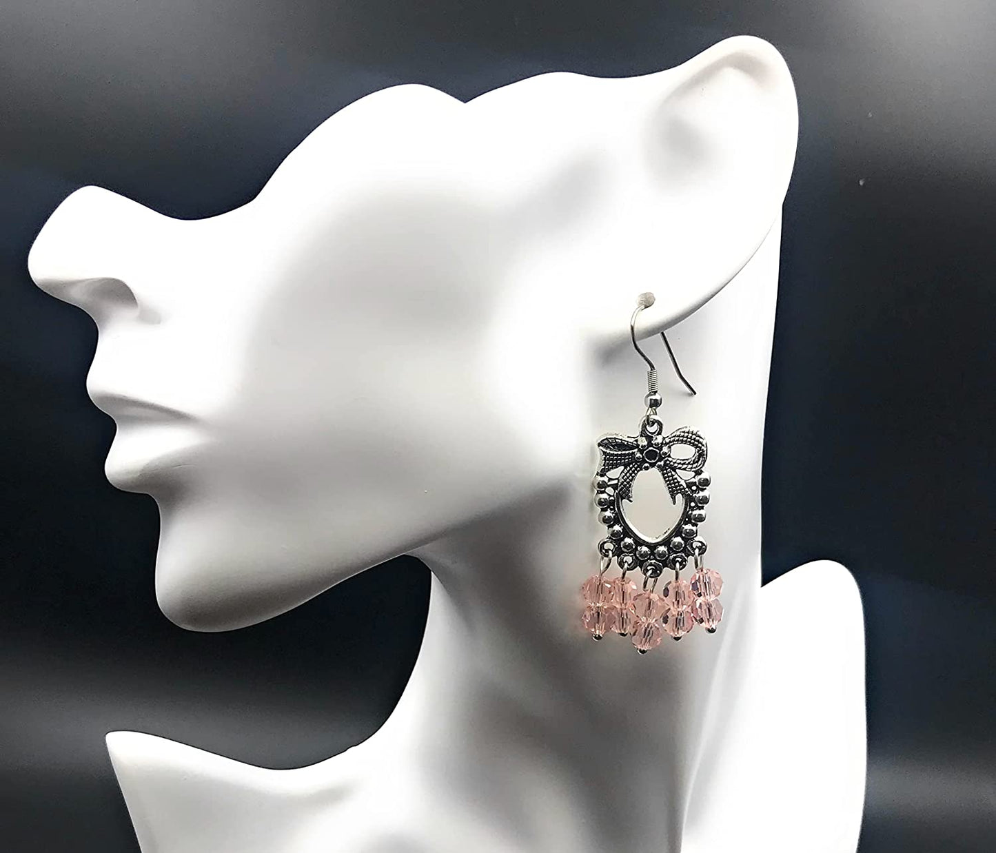 Pink Beaded Chandelier Earrings Displayed on Mannequin from Scott D Jewelry Designs