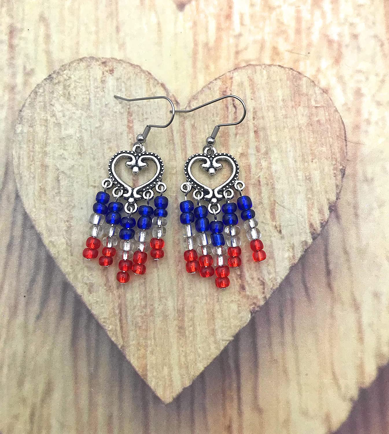 Red White and Blue Earrings on a Wooden Display from Scott D Jewelry Designs