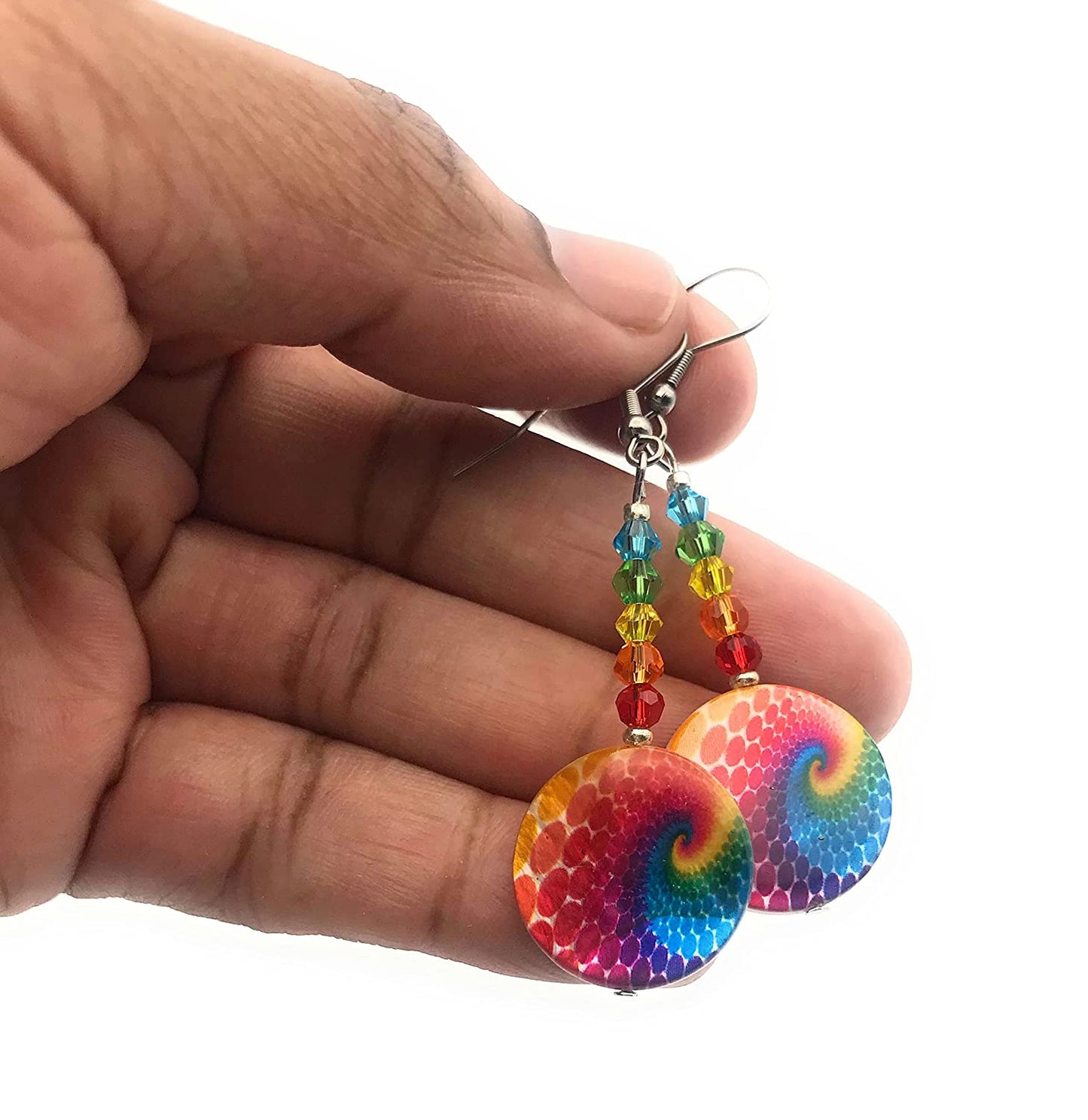 Rainbow Swirl Dangle Beaded Earrings for Women Held by Fingertips from Scott D Jewelry Designs