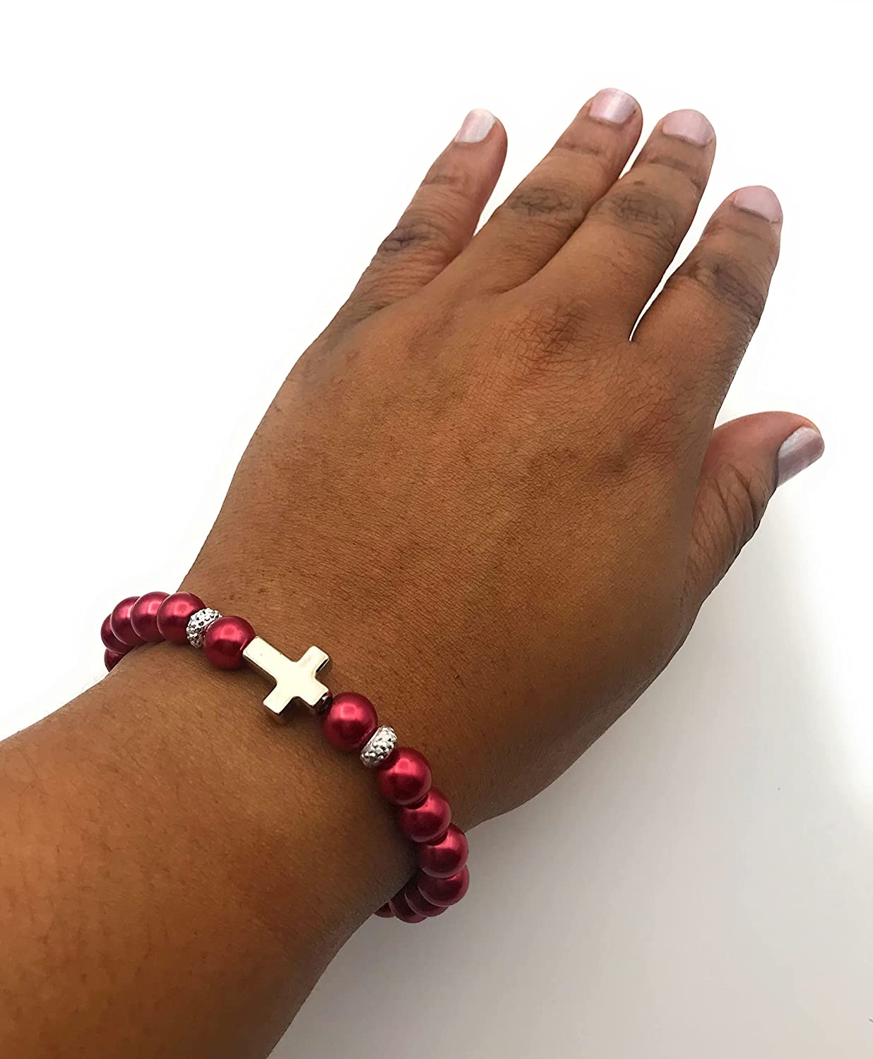 Red Faux Pearl Beaded Stretch Bracelet Cross Accent on Wrist from Scott D Jewelry Designs