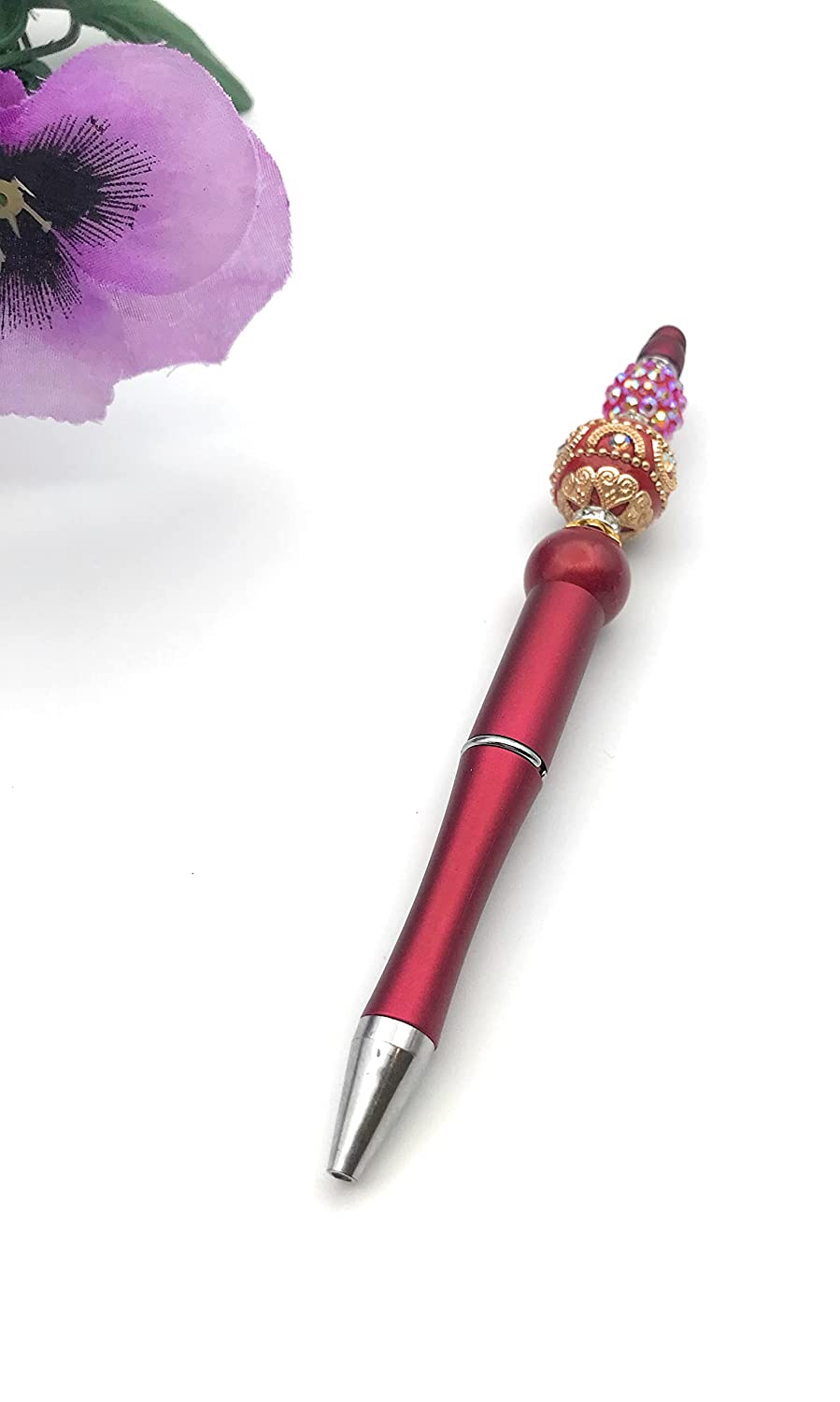 Red and Gold Beaded Ink Pen Diagonal View with Purple Flower from Scott D Jewelry Designs