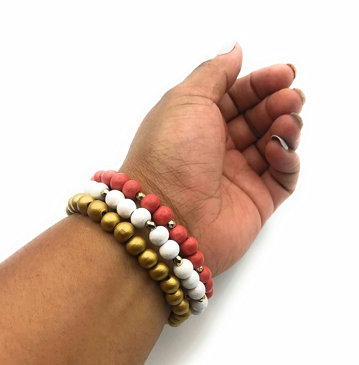 Set of 3 Wood Bead Stretch Bracelets on Wrist Facing the Palm of the Hand from Scott D Jewelry Designs