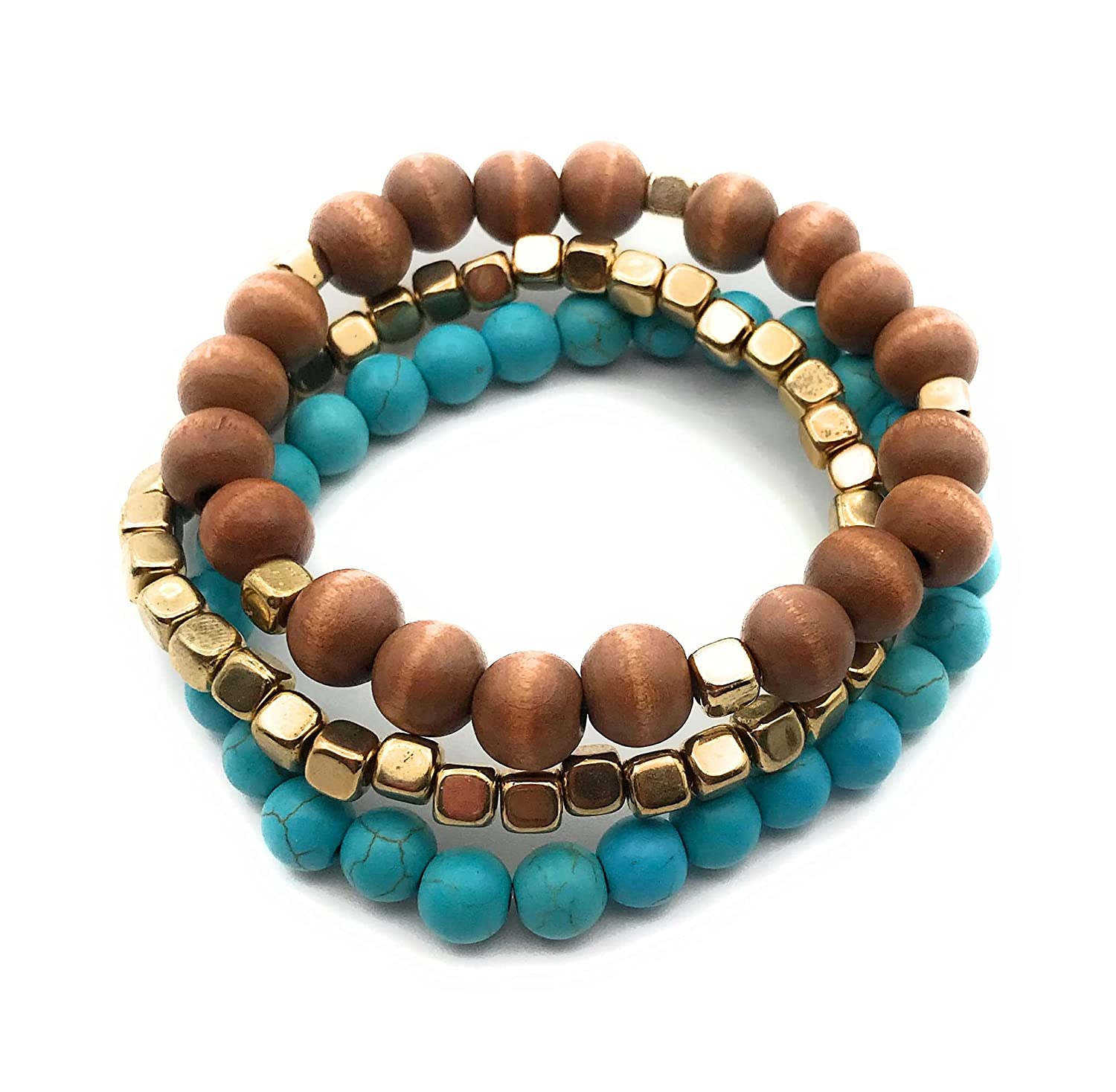 Set of 3 Multi Color Wooden Stretch Bracelets Top View from Scott D Jewelry Designs