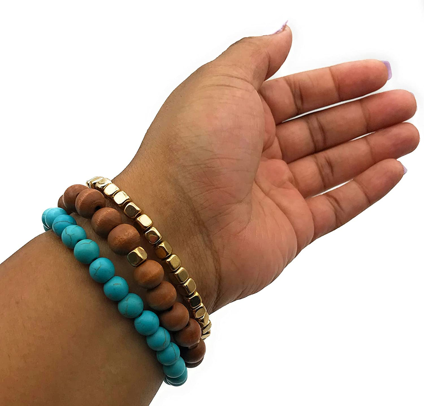 Set of 3 Multi Color Wooden Stretch Bracelets Bottom of Wrist from Scott D Jewelry Designs