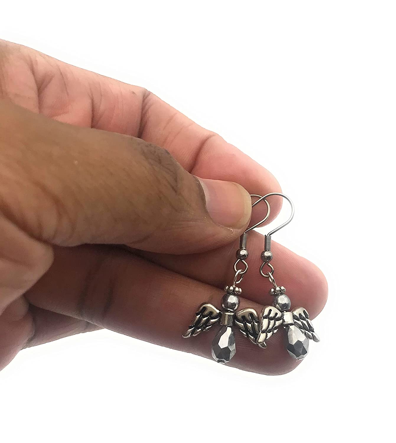 Silver Crystal Angel Dangle Earrings Dangling from Finger Tips from Scott D Jewelry Designs