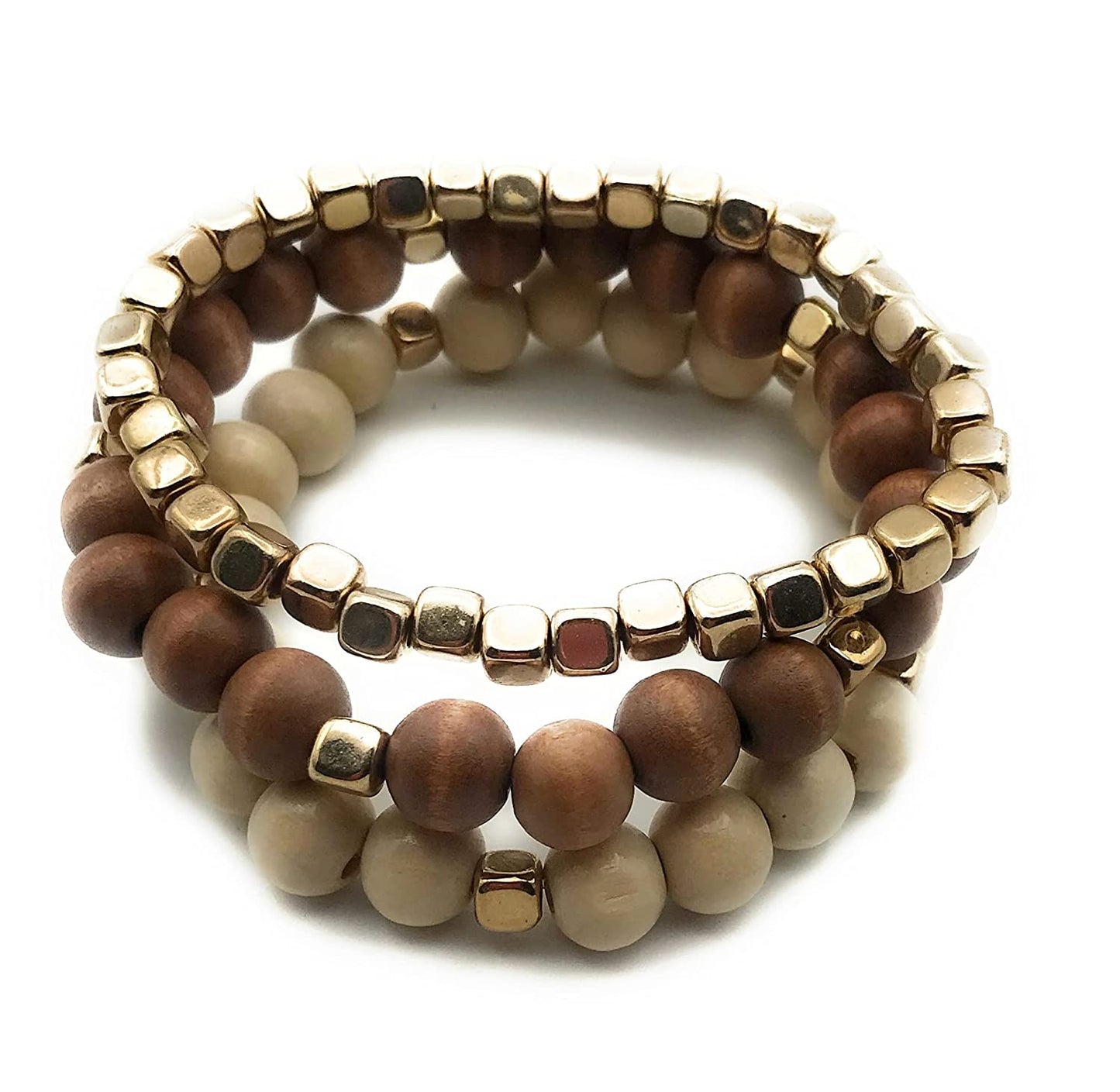 Set of Gold and Wooden Bead Bracelets in a Stack by Scott D Jewelry Designs