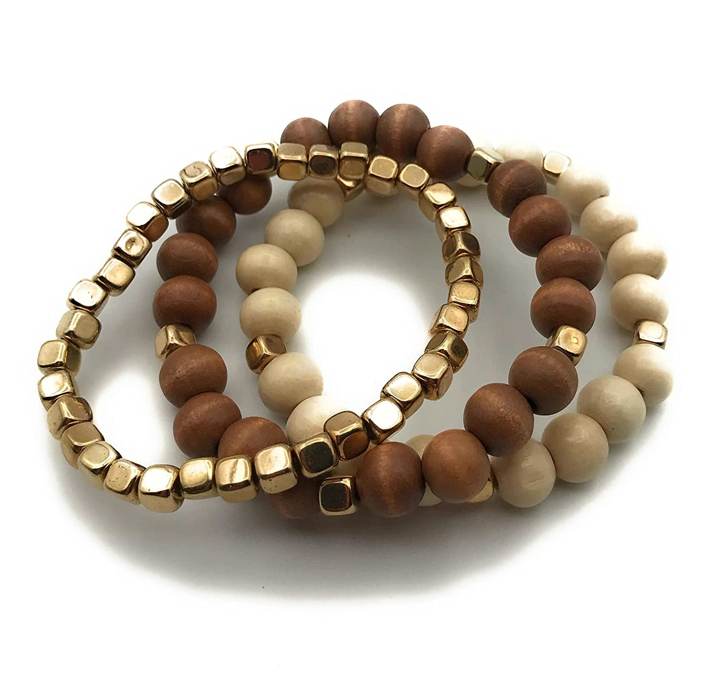Set of Gold and Wooden Bead Bracelets by Scott D Jewelry Designs