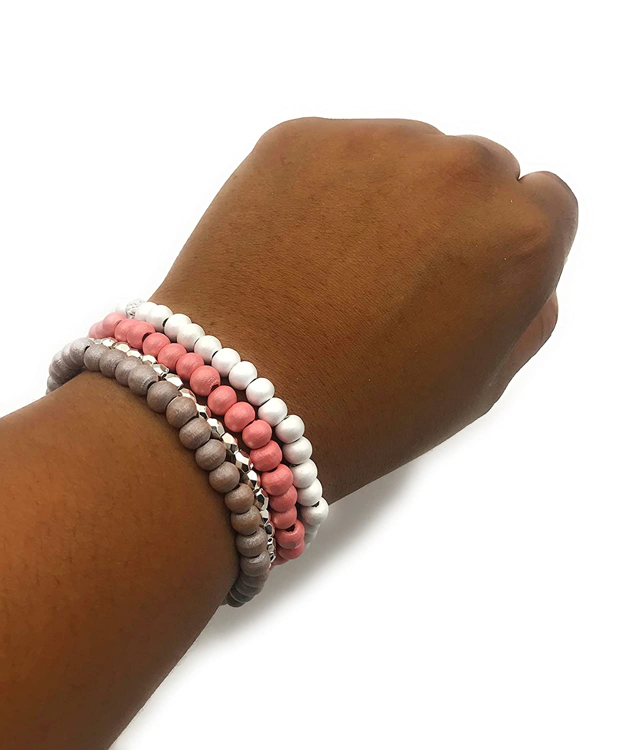 Set of 4 Beaded Stretch Bracelets in Pink Grey and White with Silver Accent
